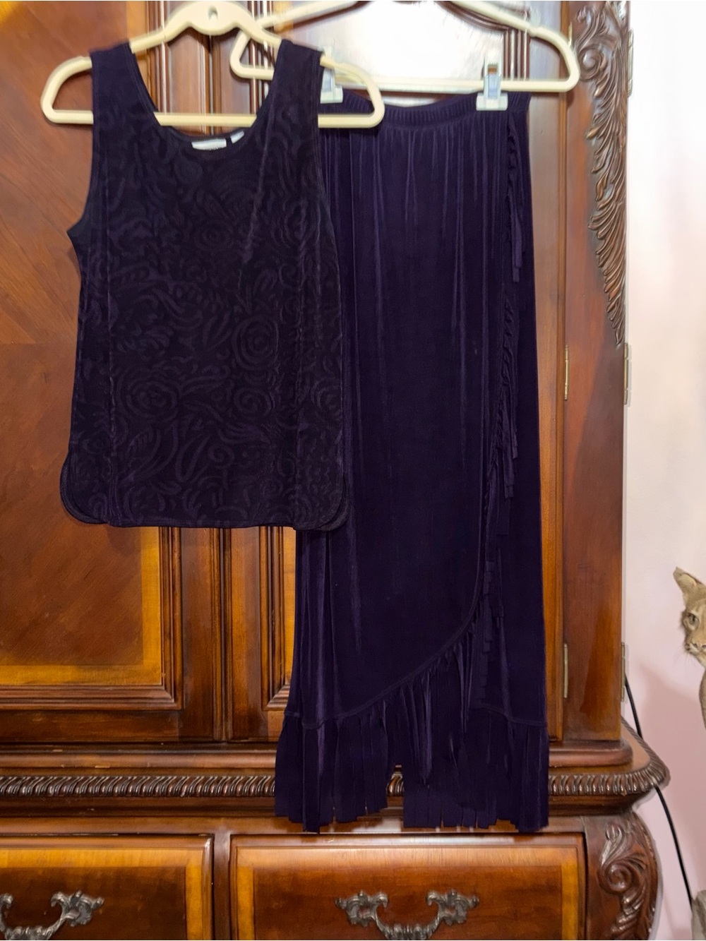 Women's Velvety Fringe Wrap Skirt with Matching Sleeveless Tank - Deep Purple